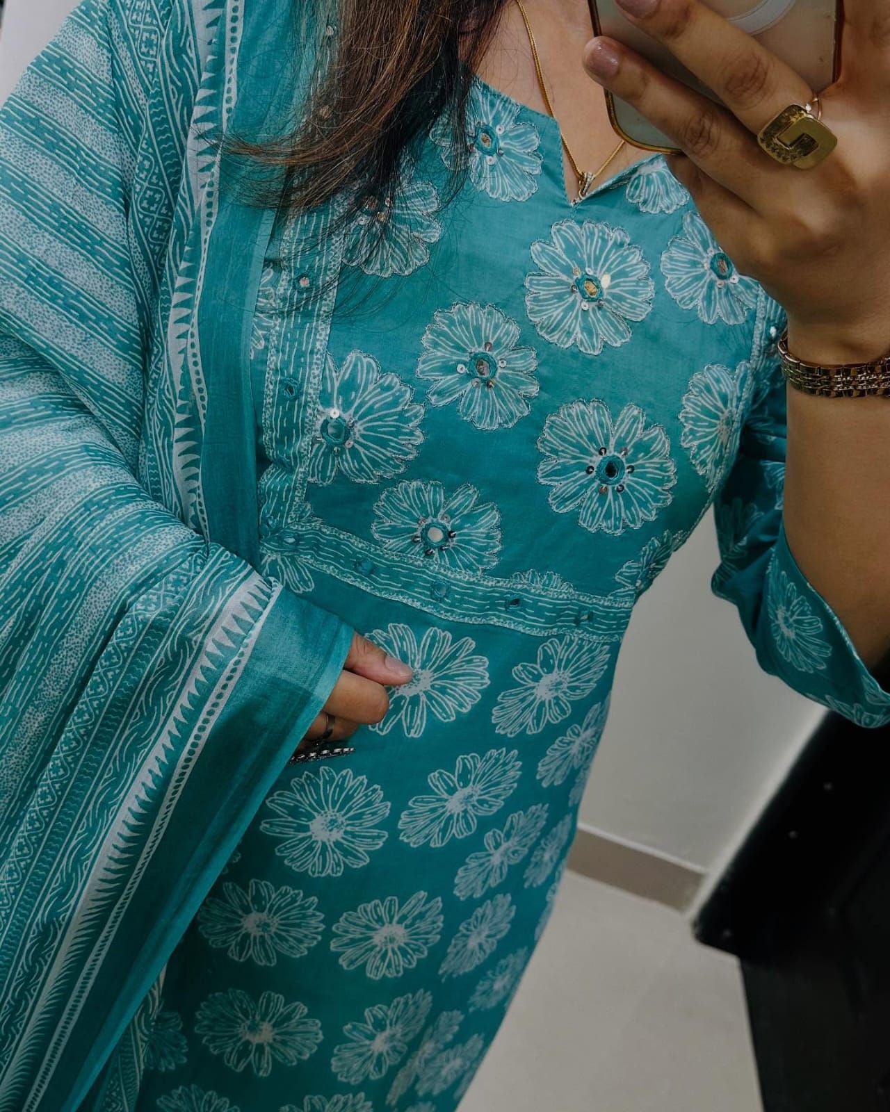 Libas Floral Print Cotton Kurta Set with Striped Dupatta