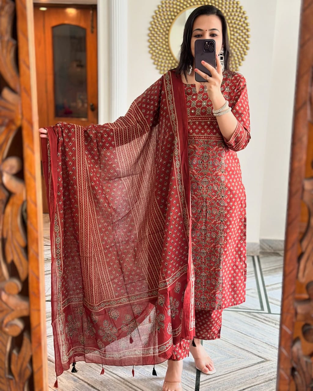 Red Buti Work Kurta And Pant With Dupatta For Women