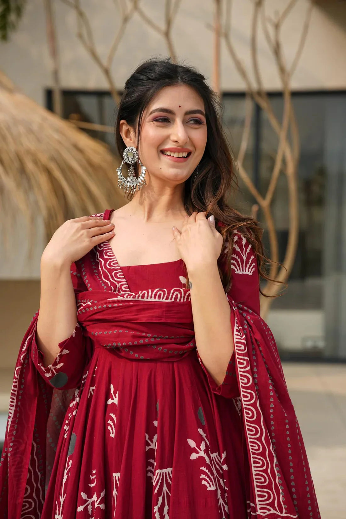 Red Cotton Kurta And Pant With Dupatta For Women