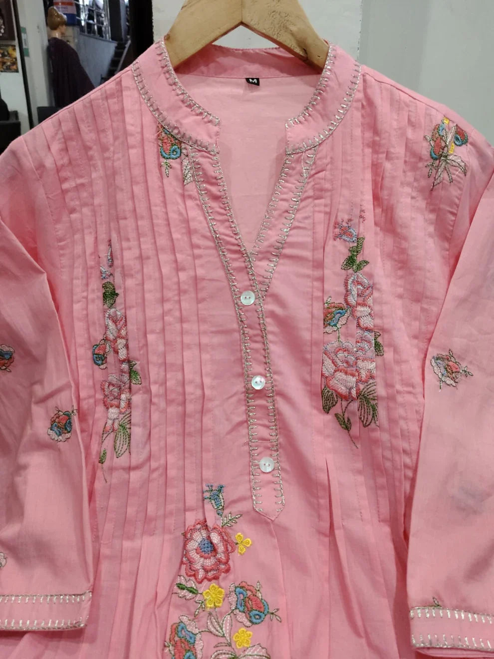 Pink A-line mulmul cotton kurta set with a plazo