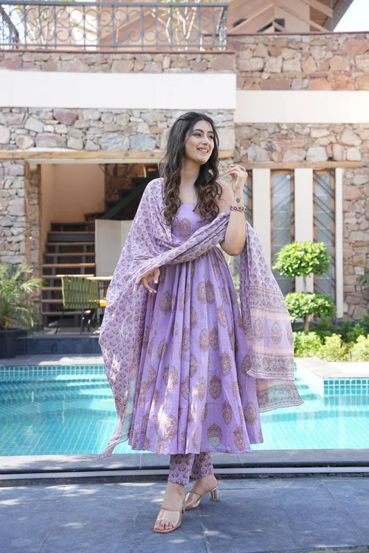 Beautiful Purple Cotton Kurta And Pant With Dupatta Set For Women