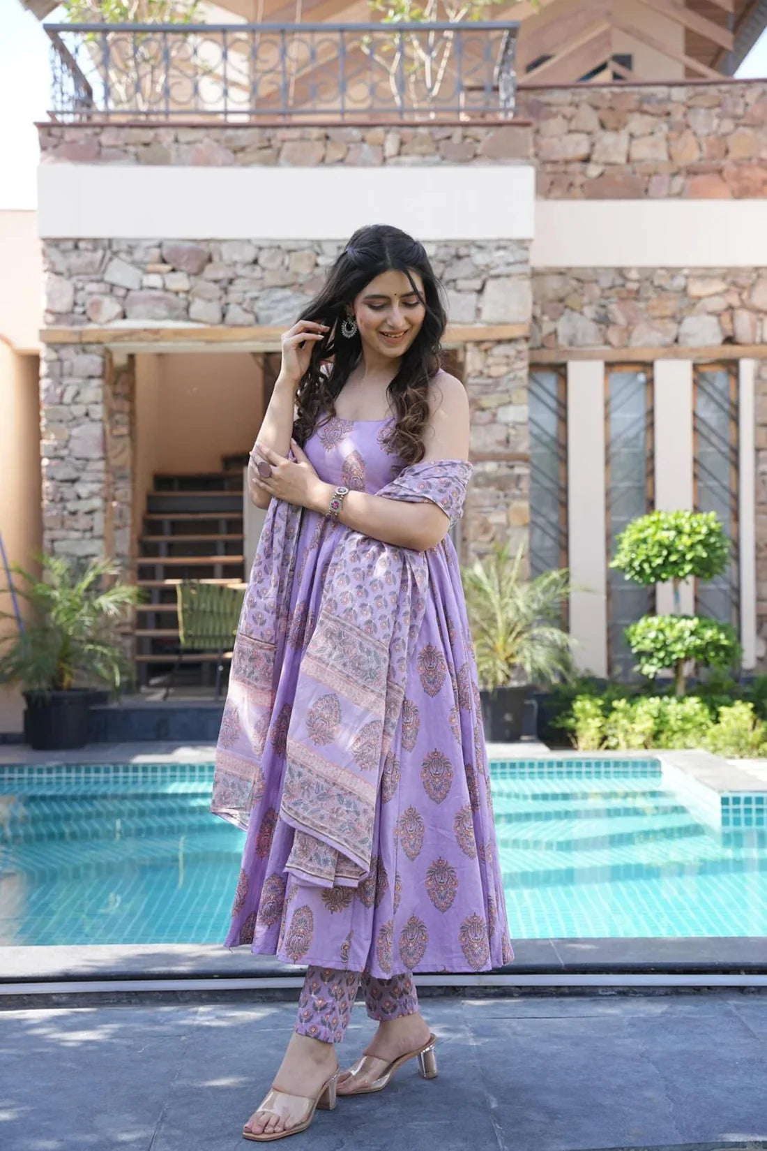 Beautiful Purple Cotton Kurta And Pant With Dupatta Set For Women