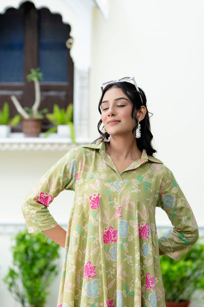 Pure Cotton Pista Green Kumodini Dress For Women