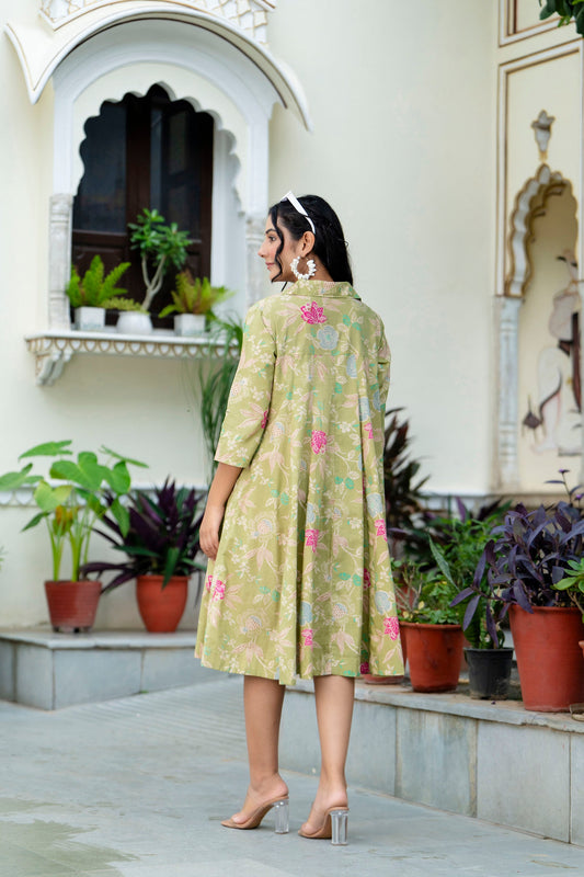 Pure Cotton Pista Green Kumodini Dress For Women