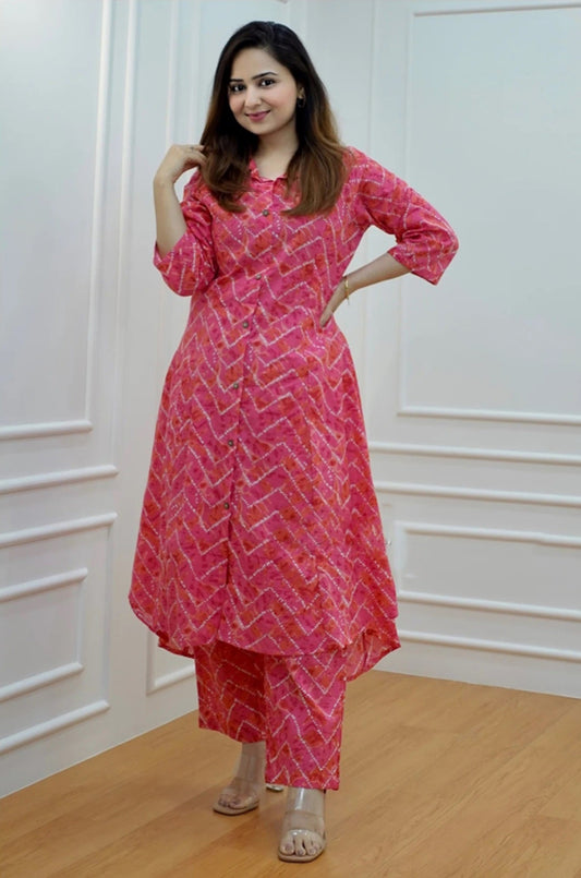 Pure Cotton Floral Print Ethnic Cord Set With Kurta And Palazzo For Women