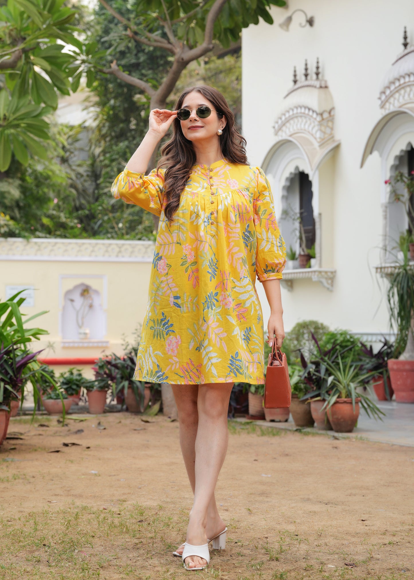 Pure Cotton Yellow Skyline Charm Mini Dress For Women