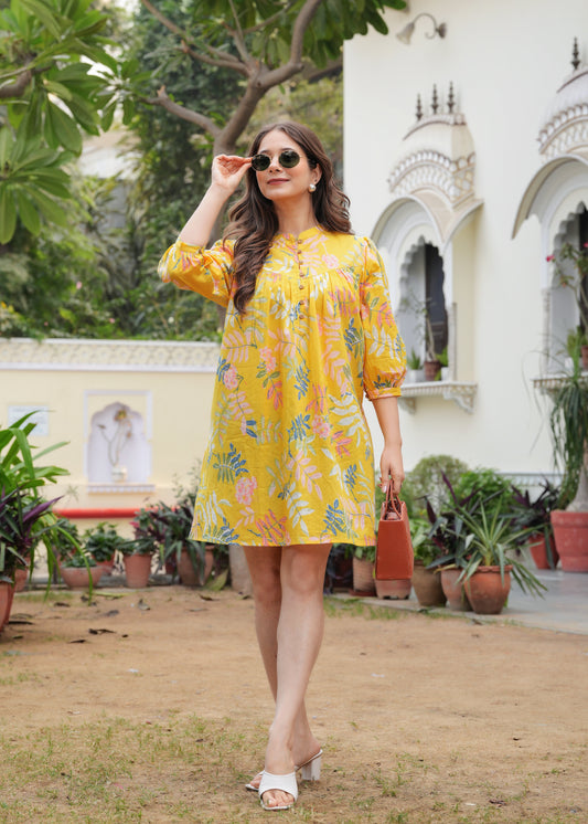 Pure Cotton Yellow Skyline Charm Mini Dress For Women