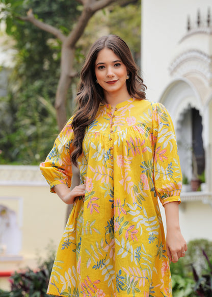 Pure Cotton Yellow Skyline Charm Mini Dress For Women