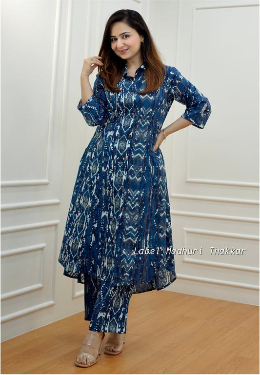 Printed Navy Blue Vintage Floral Cotton Co Ord Set For Women