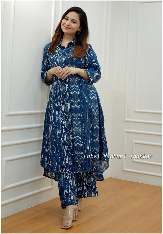 Printed Navy Blue Vintage Floral Cotton Co Ord Set For Women