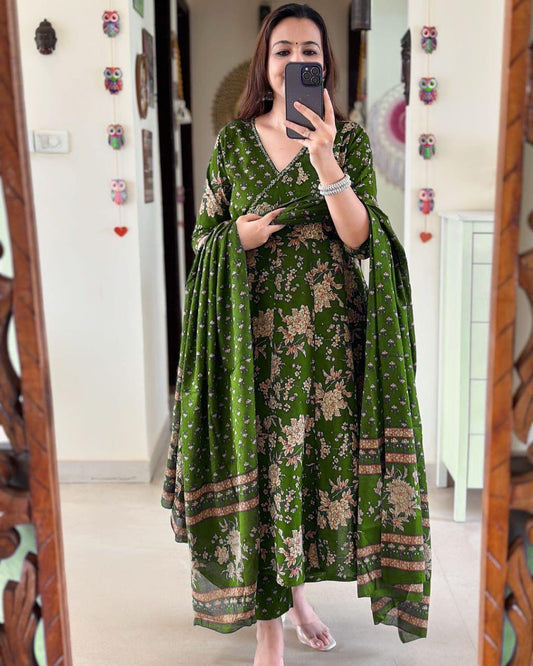 Libas Premium Anarkali Kurta Set With Angrakha Style For Women (Dark Green)