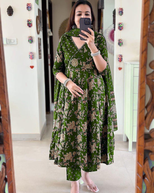 Libas Premium Anarkali Kurta Set With Angrakha Style For Women (Dark Green)