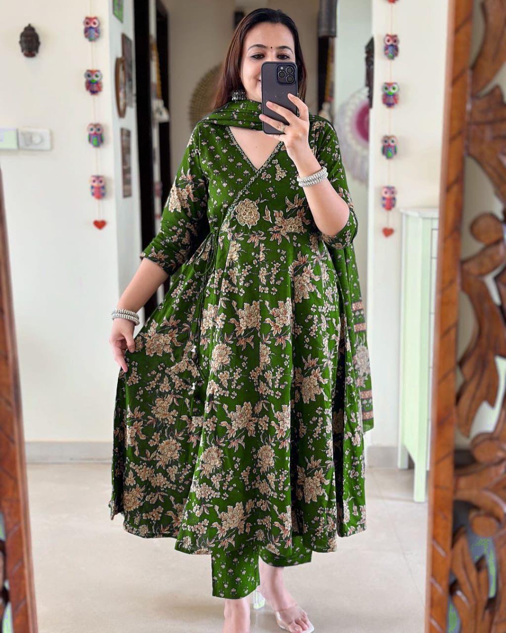 Libas Premium Anarkali Kurta Set With Angrakha Style For Women (Dark Green)