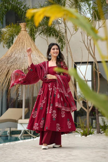 Libas Premium Red Pure Cotton Anarkali Kurta Set For Women