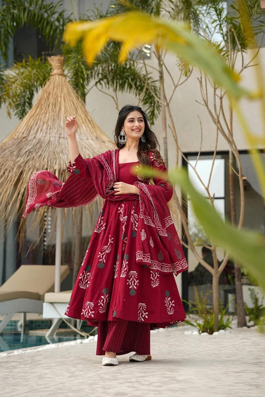 Libas Premium Red Pure Cotton Anarkali Kurta Set For Women