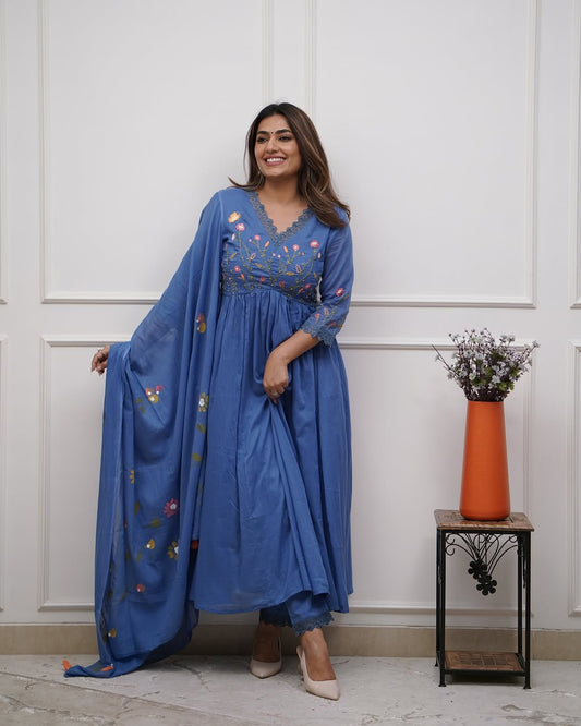 Libas Premium Beautiful Embroidery And Sequence Work Set For Women (Blue)