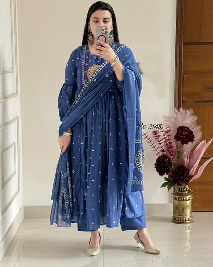 Biba Royal Blue Anarkali Kurta Set with Mirror Embroidery