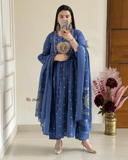 Biba Royal Blue Anarkali Kurta Set with Mirror Embroidery