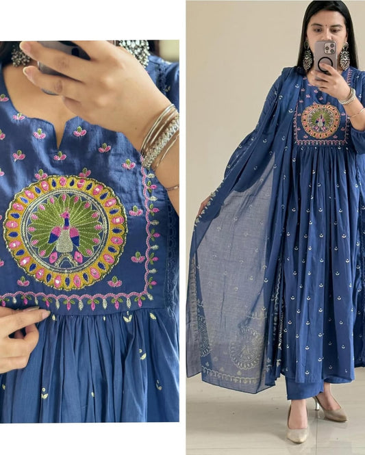Biba Royal Blue Anarkali Kurta Set with Mirror Embroidery