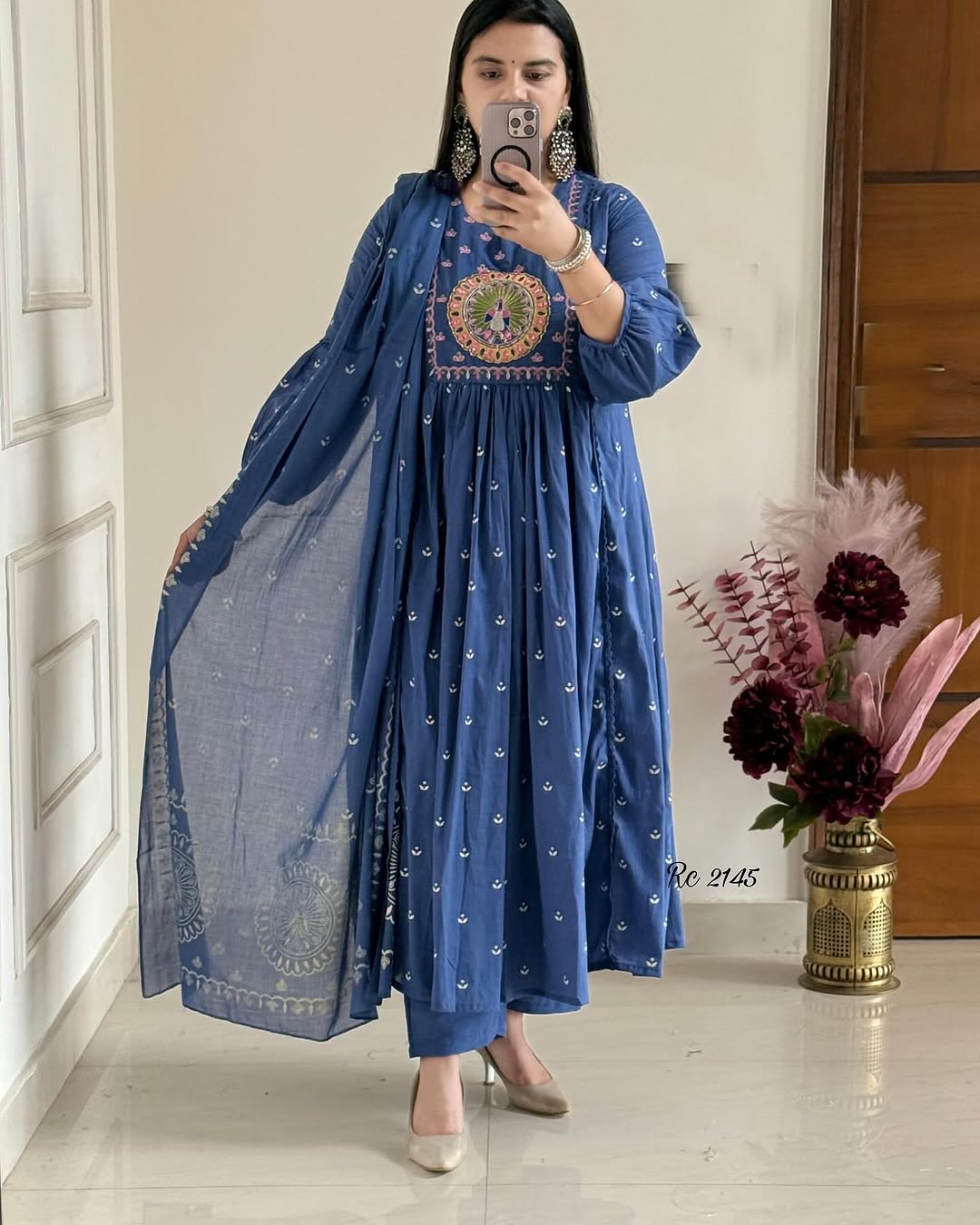 Biba Royal Blue Anarkali Kurta Set with Mirror Embroidery