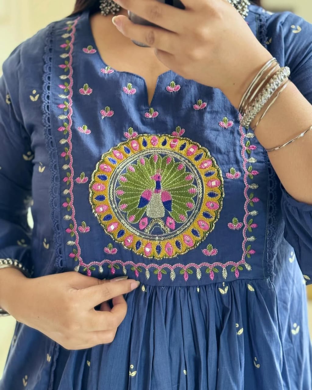 Biba Royal Blue Anarkali Kurta Set with Mirror Embroidery