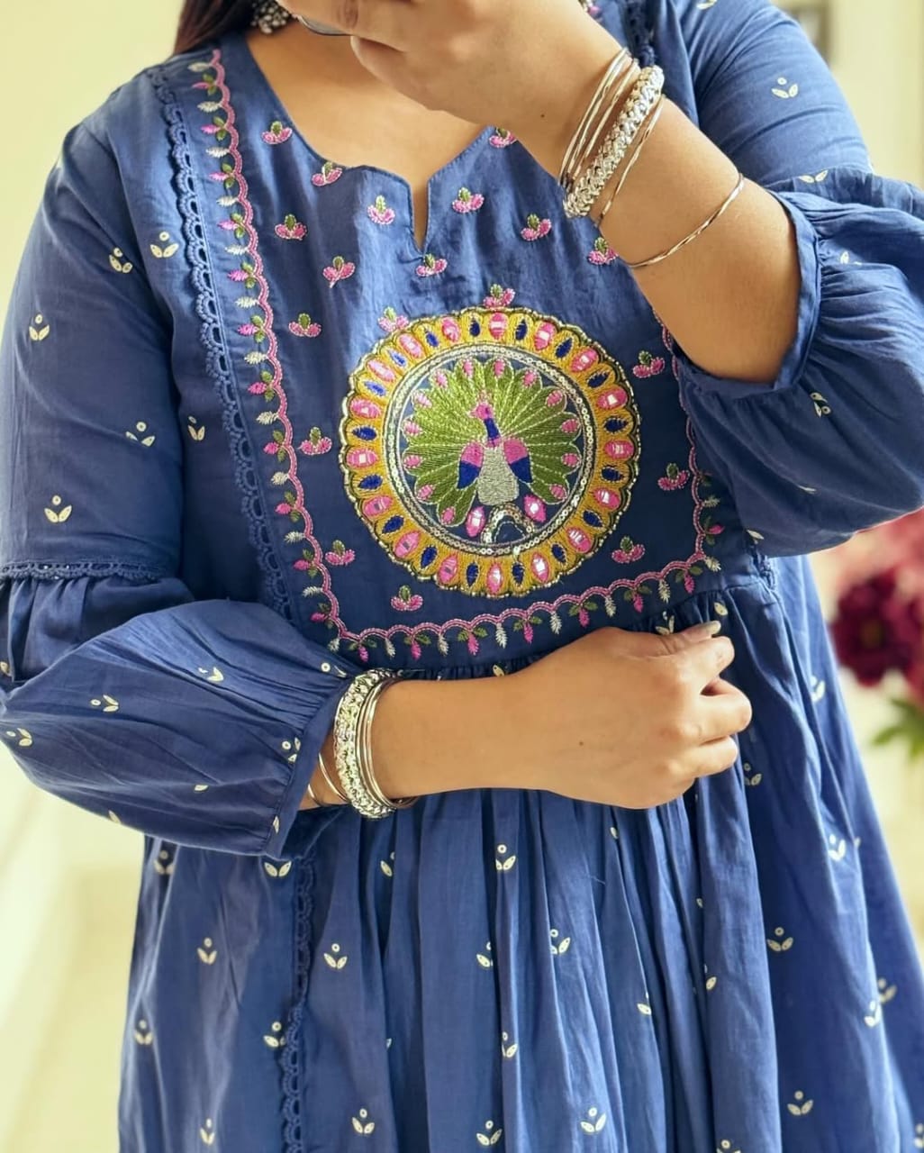 Biba Royal Blue Anarkali Kurta Set with Mirror Embroidery
