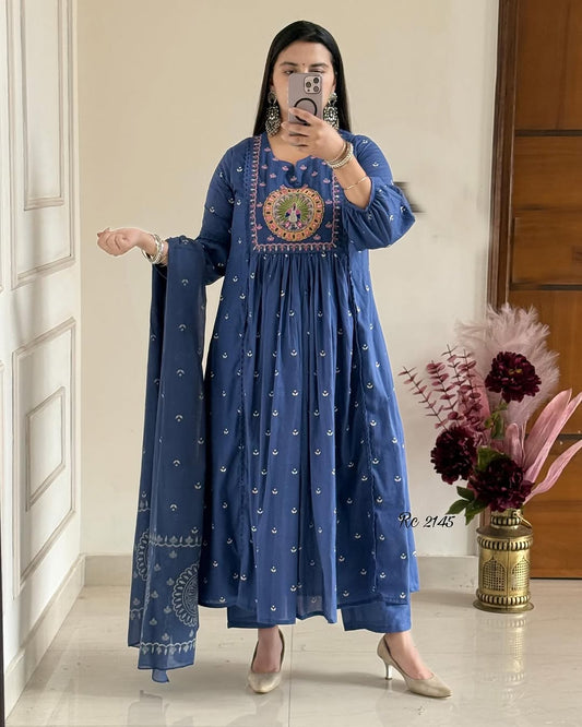 Libas Royal Blue Anarkali Kurta Set with Mirror Embroidery