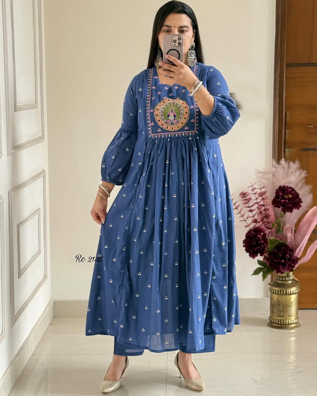Biba Royal Blue Anarkali Kurta Set with Mirror Embroidery