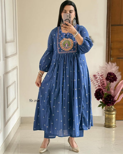 Biba Royal Blue Anarkali Kurta Set with Mirror Embroidery