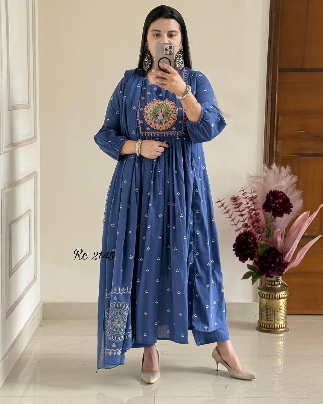 Biba Royal Blue Anarkali Kurta Set with Mirror Embroidery