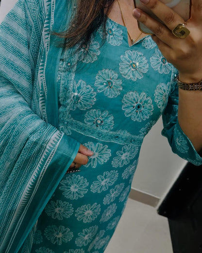 Libas Floral Print Cotton Kurta Set with Striped Dupatta