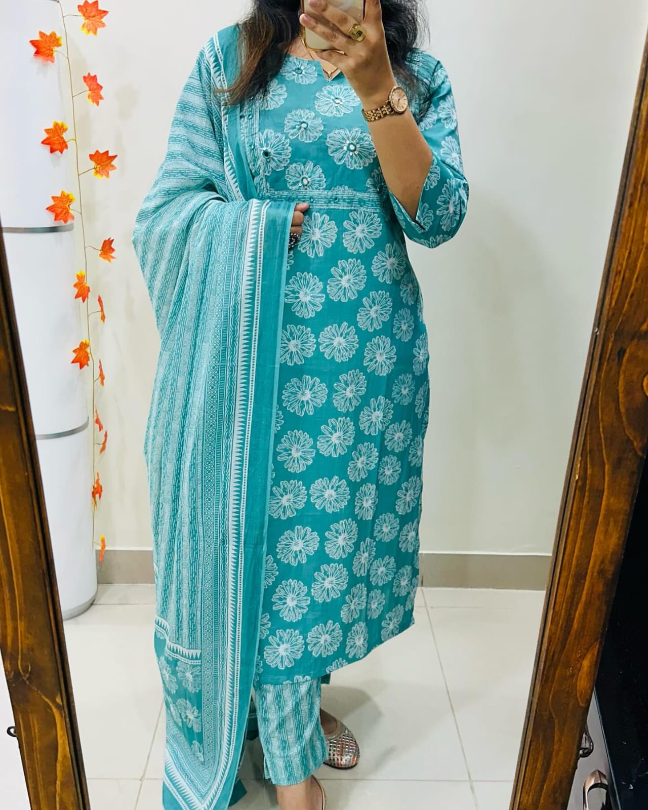 Libas Floral Print Cotton Kurta Set with Striped Dupatta