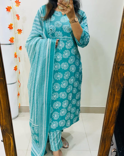 Libas Floral Print Cotton Kurta Set with Striped Dupatta