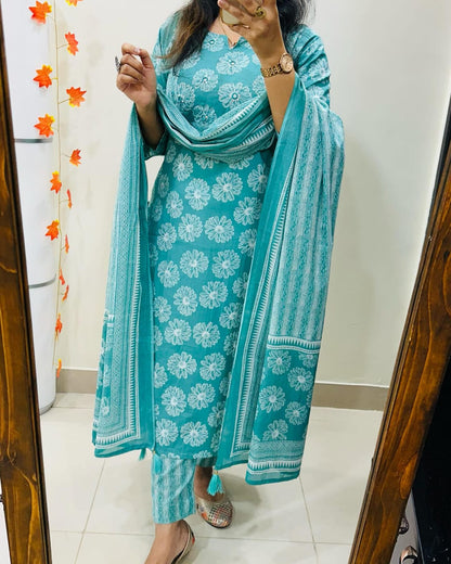 Libas Floral Print Cotton Kurta Set with Striped Dupatta