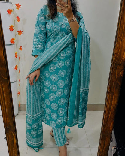 Libas Floral Print Cotton Kurta Set with Striped Dupatta