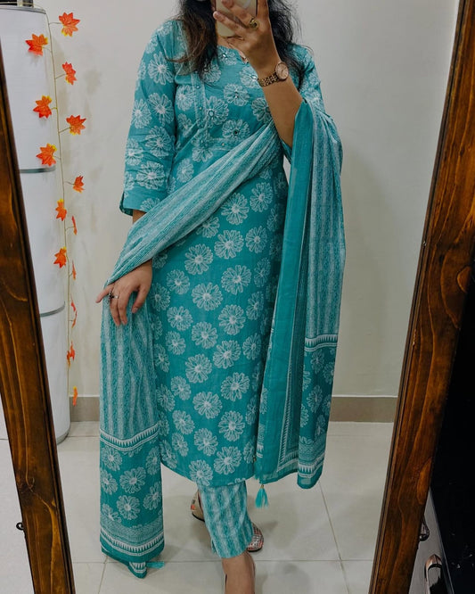 Libas Floral Print Cotton Kurta Set with Striped Dupatta