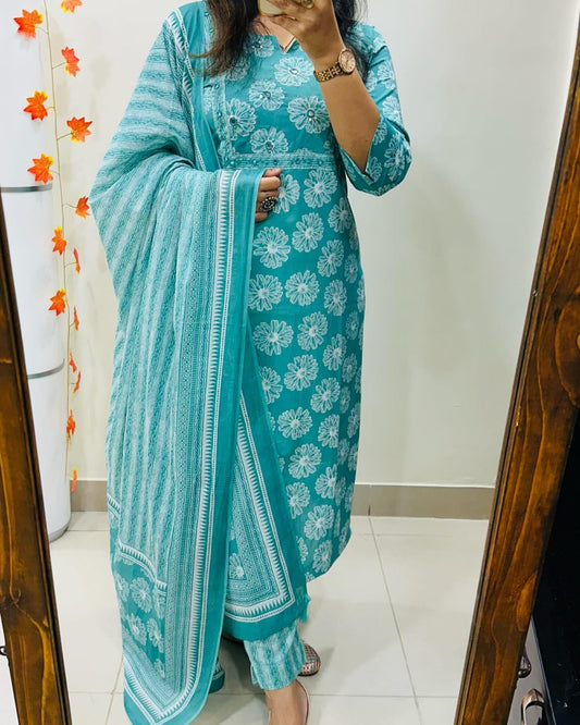 Libas Floral Print Cotton Kurta Set with Striped Dupatta