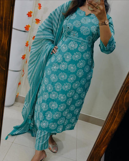 Libas Floral Print Cotton Kurta Set with Striped Dupatta