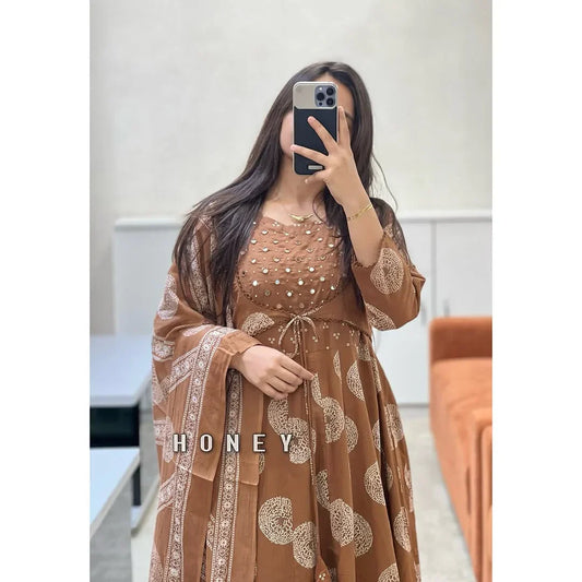 Libas Cocoa Brown Mirror Work Anarkali Set