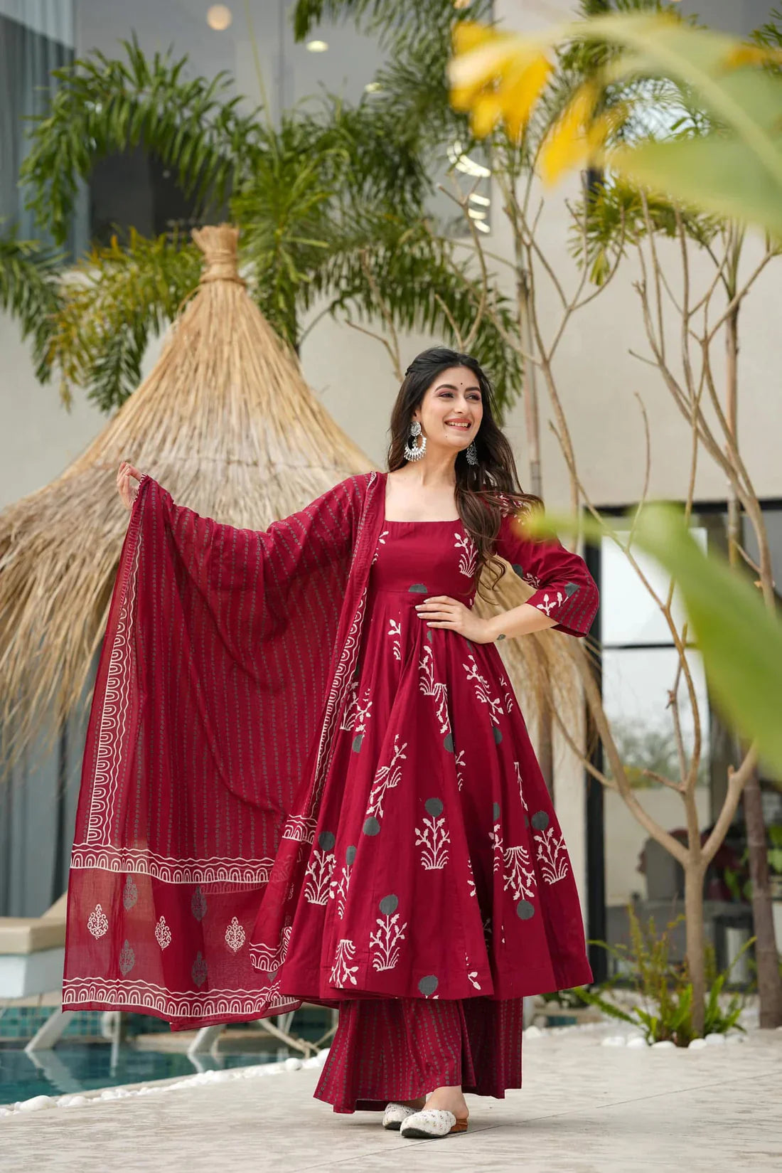 Red Cotton Kurta And Pant With Dupatta For Women