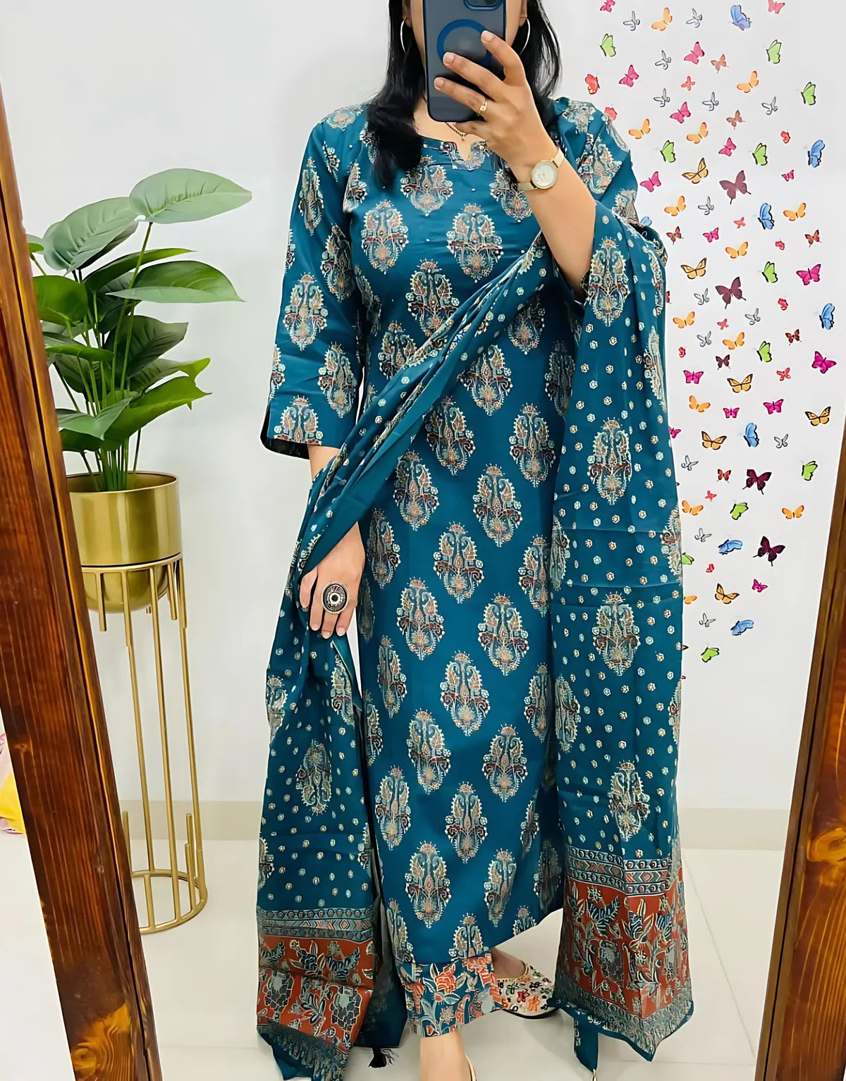 Dolly Blue Printed Pure Cotton Embrodiared Dupatta Set