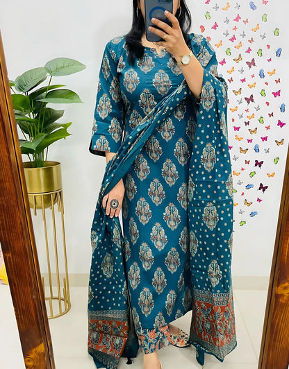 Dolly Blue Printed Pure Cotton Embrodiared Dupatta Set