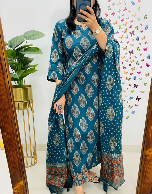 Dolly Blue Printed Pure Cotton Embrodiared Dupatta Set