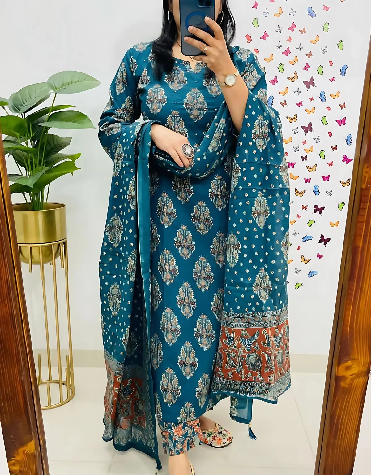 Dolly Blue Printed Pure Cotton Embrodiared Dupatta Set