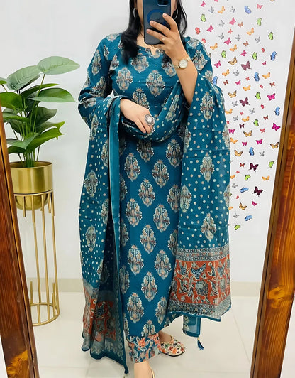 Dolly Blue Printed Pure Cotton Embrodiared Dupatta Set