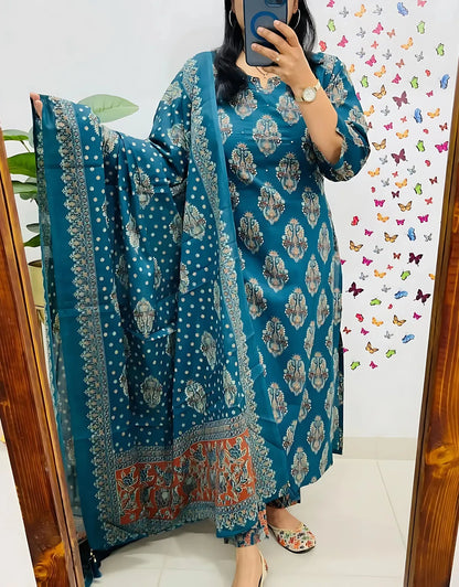 Dolly Blue Printed Pure Cotton Embrodiared Dupatta Set