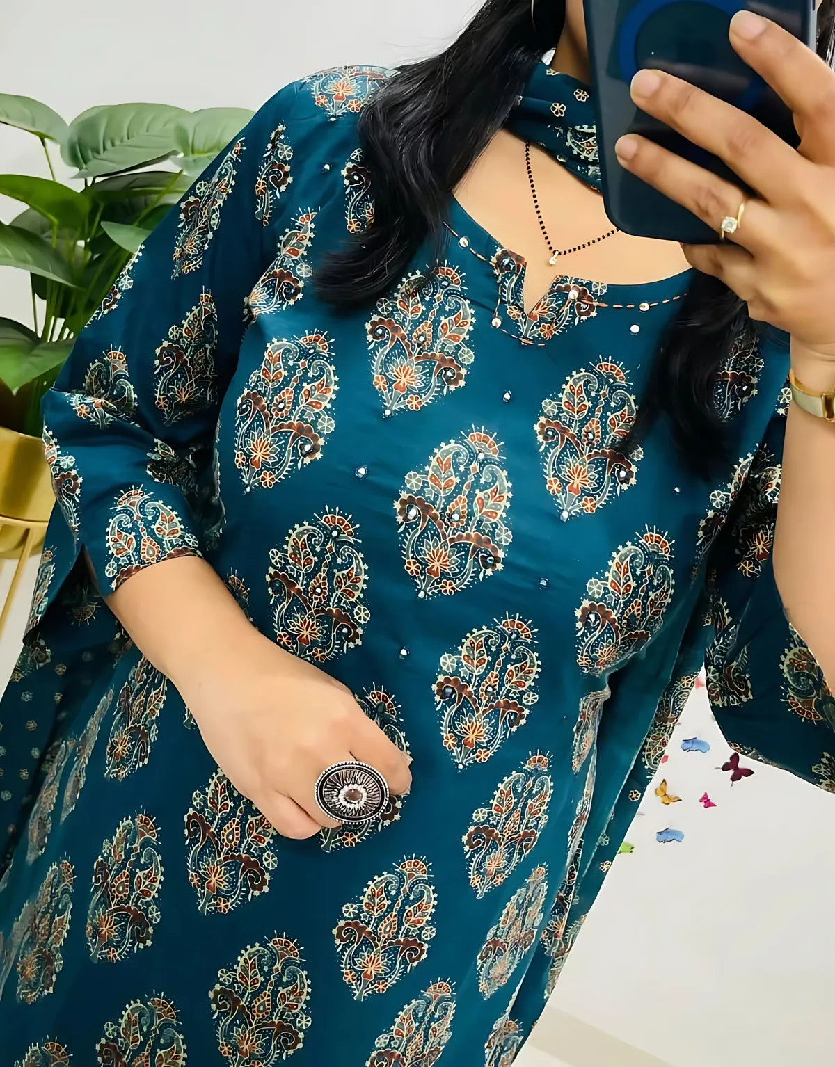 Dolly Blue Printed Pure Cotton Embrodiared Dupatta Set