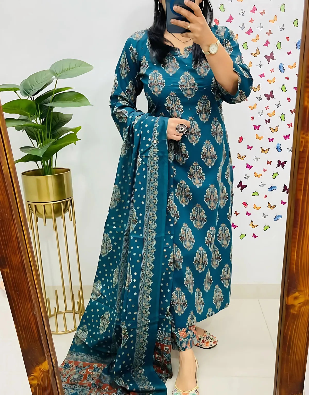 Dolly Blue Printed Pure Cotton Embrodiared Dupatta Set
