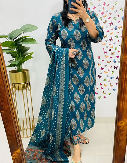 Dolly Blue Printed Pure Cotton Embrodiared Dupatta Set