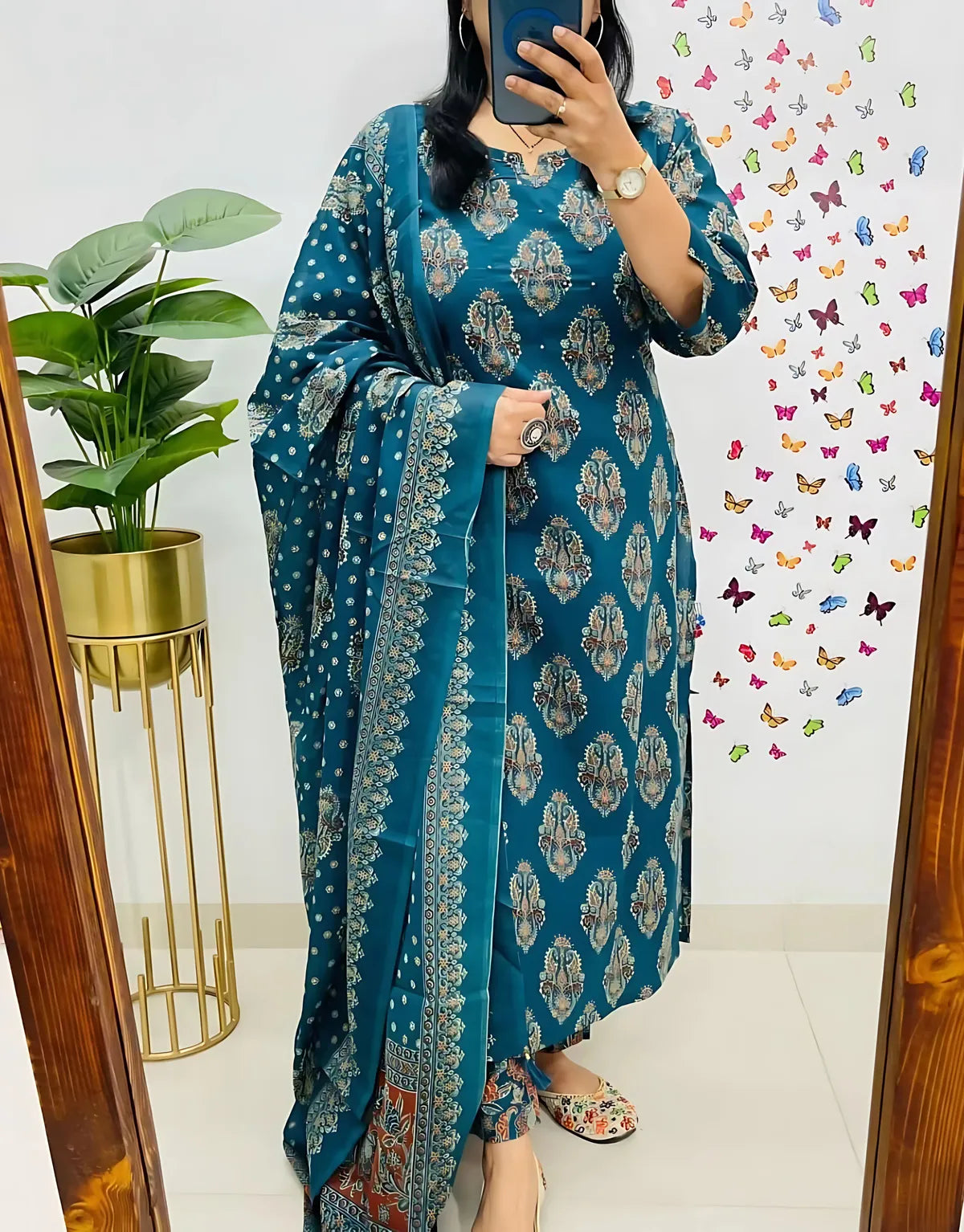 Dolly Blue Printed Pure Cotton Embrodiared Dupatta Set